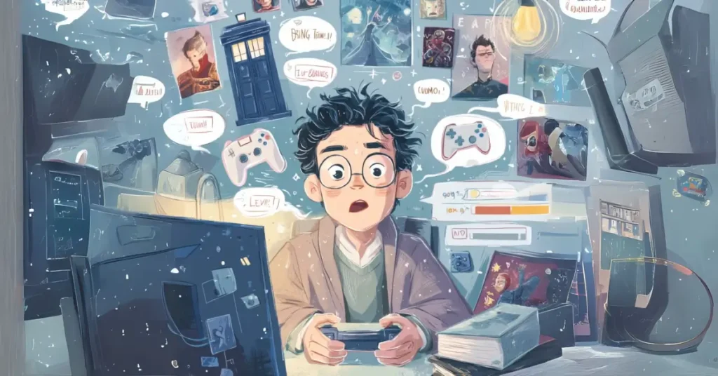 Uma ilustração de um nerd com óculos sentado em frente a um computador ou jogando videogame, cercado por elementos da cultura pop como o Mjölnir (martelo do Thor), uma TARDIS de Doctor Who, um controle de PS5 e uma HQ do Batman aberta. Balões de fala em inglês flutuam ao redor com frases como 'Bring me Thanos!' e 'Winter is coming'. O personagem está surpreso ao ver uma barra de progresso com a mensagem 'English Level: 80%' como se ele estivesse evoluindo sem perceber. O fundo é um quarto nerd com pôsteres e LED, com um ar de conquista e revelação.