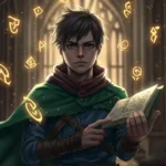 Um jovem aventureiro em uma biblioteca mágica cheia de livros brilhantes e símbolos flutuantes, iluminação dramática, estilo cinematográfico, arte conceitual de fantasia detalhada, inspirada em D&D