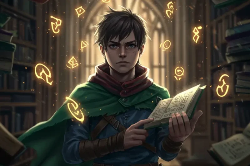 Um jovem aventureiro em uma biblioteca mágica cheia de livros brilhantes e símbolos flutuantes, iluminação dramática, estilo cinematográfico, arte conceitual de fantasia detalhada, inspirada em D&D