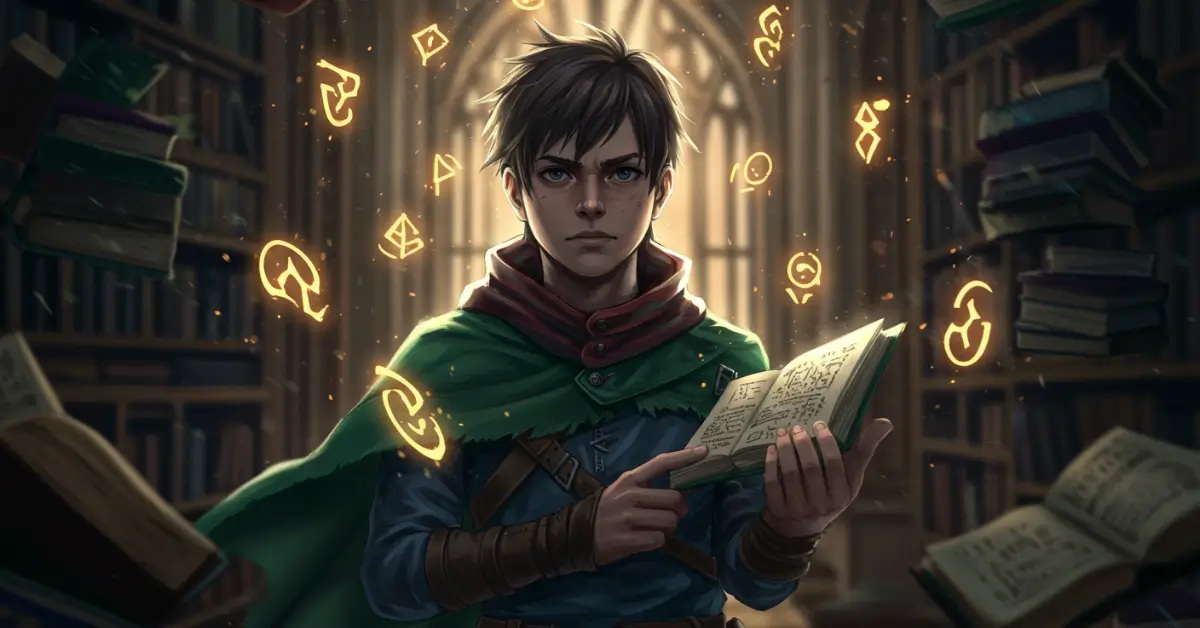 Um jovem aventureiro em uma biblioteca mágica cheia de livros brilhantes e símbolos flutuantes, iluminação dramática, estilo cinematográfico, arte conceitual de fantasia detalhada, inspirada em D&D