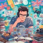 Um jovem adulto nerd com óculos e uma camiseta nerd (com um logotipo sutil de anime ou super-herói), estudando inglês com um laptop coberto de adesivos nerds, cercado por livros e produtos, nerds, Geeks