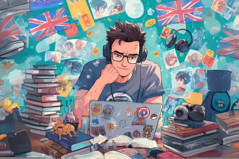 Um jovem adulto nerd com óculos e uma camiseta nerd (com um logotipo sutil de anime ou super-herói), estudando inglês com um laptop coberto de adesivos nerds, cercado por livros e produtos, nerds, Geeks