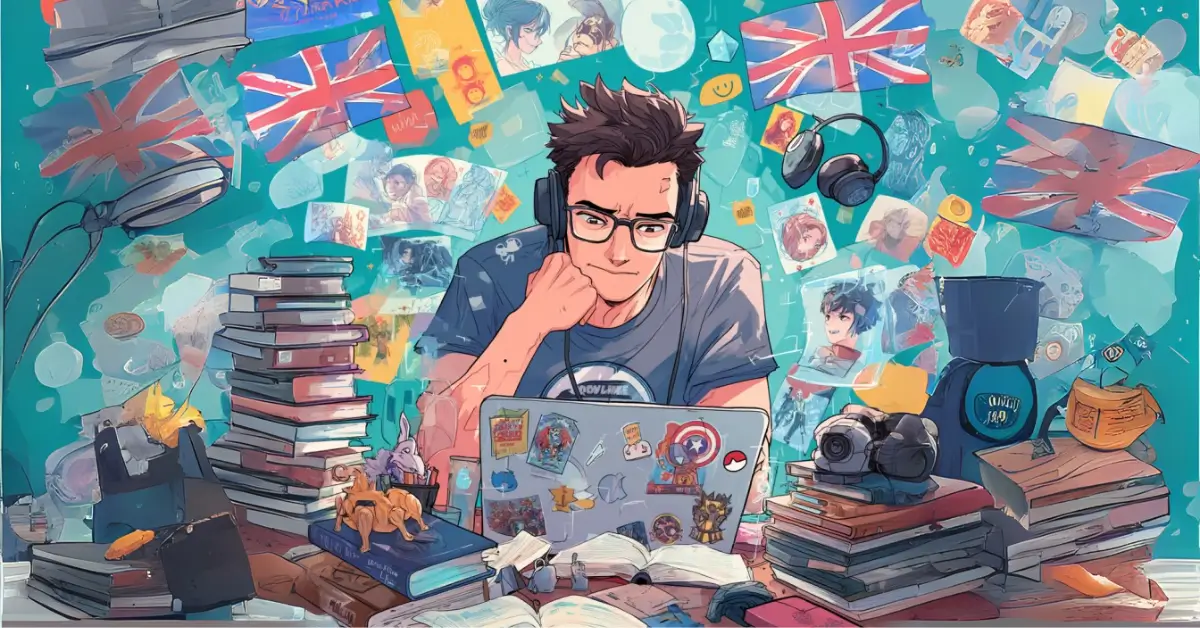 Um jovem adulto nerd com óculos e uma camiseta nerd (com um logotipo sutil de anime ou super-herói), estudando inglês com um laptop coberto de adesivos nerds, cercado por livros e produtos, nerds, Geeks