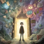 Um jovem aventureiro nerd em pé em frente a um portal brilhante em forma de livro cercado por símbolos flutuantes de conhecimento fones de ouvido ícone de reprodução do YouTube dados de RPG balões de fala em