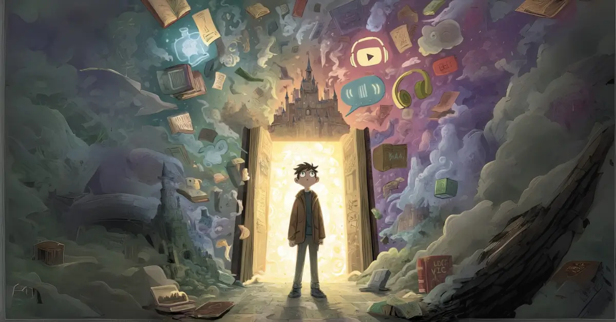 Um jovem aventureiro nerd em pé em frente a um portal brilhante em forma de livro cercado por símbolos flutuantes de conhecimento fones de ouvido ícone de reprodução do YouTube dados de RPG balões de fala em