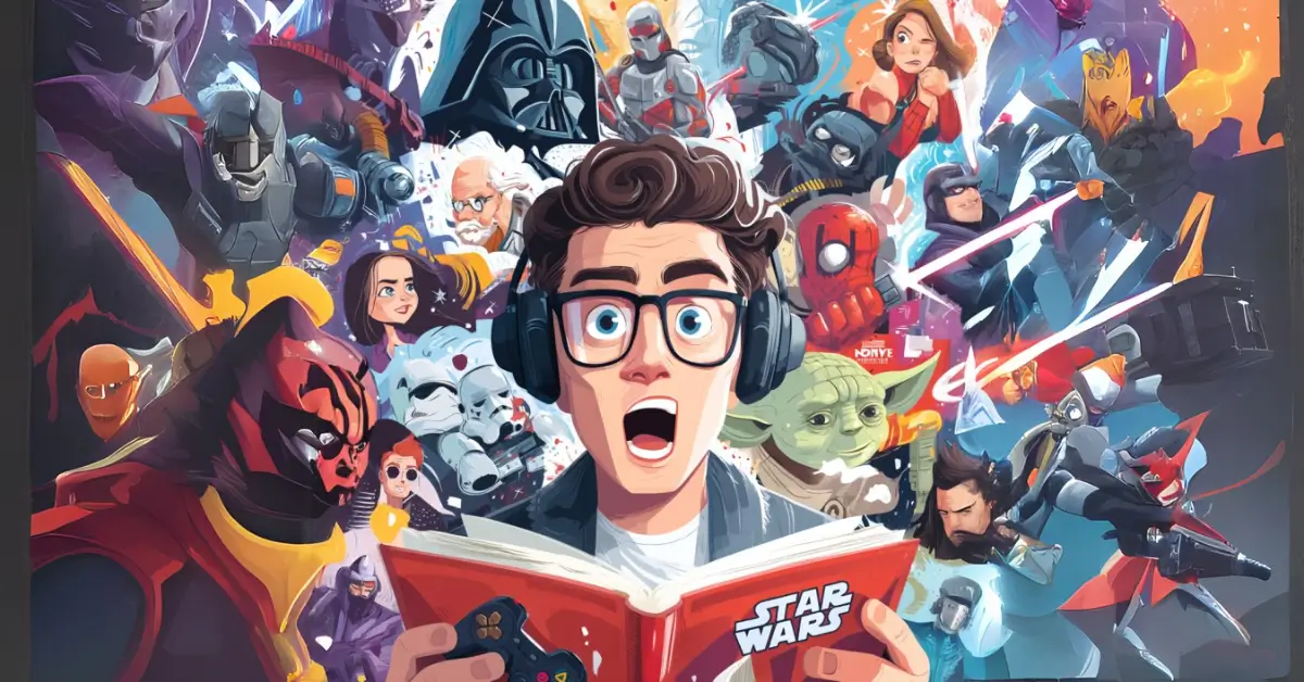 Uma imagem chamativa e dinâmica que mescla ícones de filmes, séries, jogos e HQs com elementos de aprendizado de inglês, como livros, fones de ouvido 'Aprenda Inglês com Cultura Nerd'.
