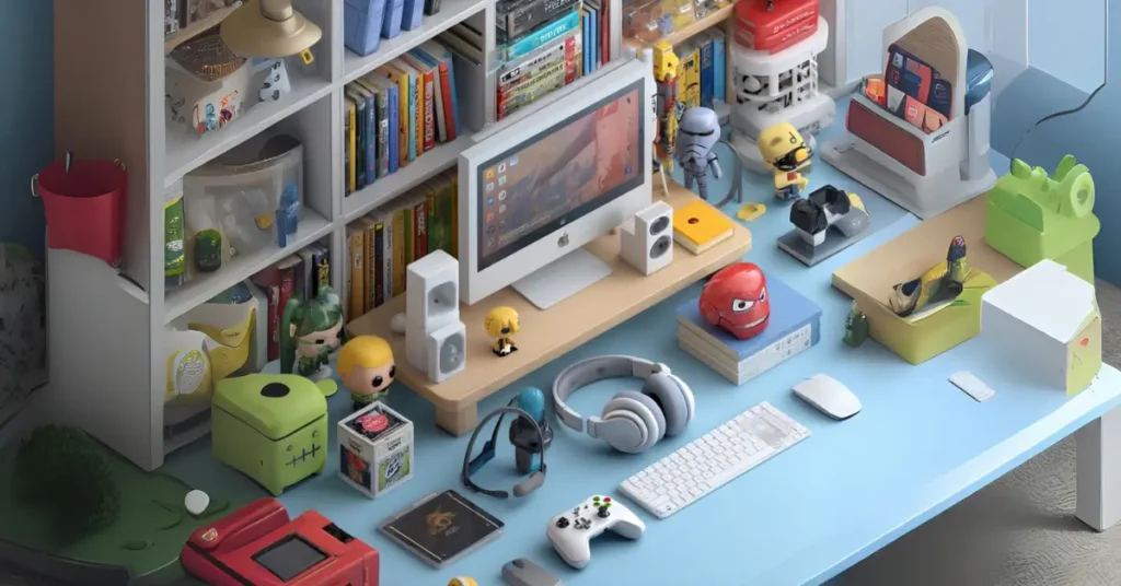 Uma mesa de estudo com livros, computador e gadgets, cercada por objetos de cultura nerd, como figuras de ação, fones de ouvido e um controle de videogame. A vibe é moderna e divertida.