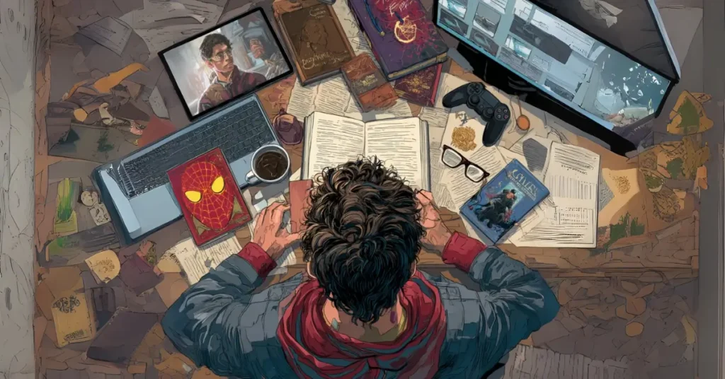 Uma pessoa analisando diferentes materiais de estudo, com telas de computadores, tablets e livros, misturados com elementos de filmes e séries nerds (como um livro do Harry Potter, uma máscara do Homem-Aranha, e