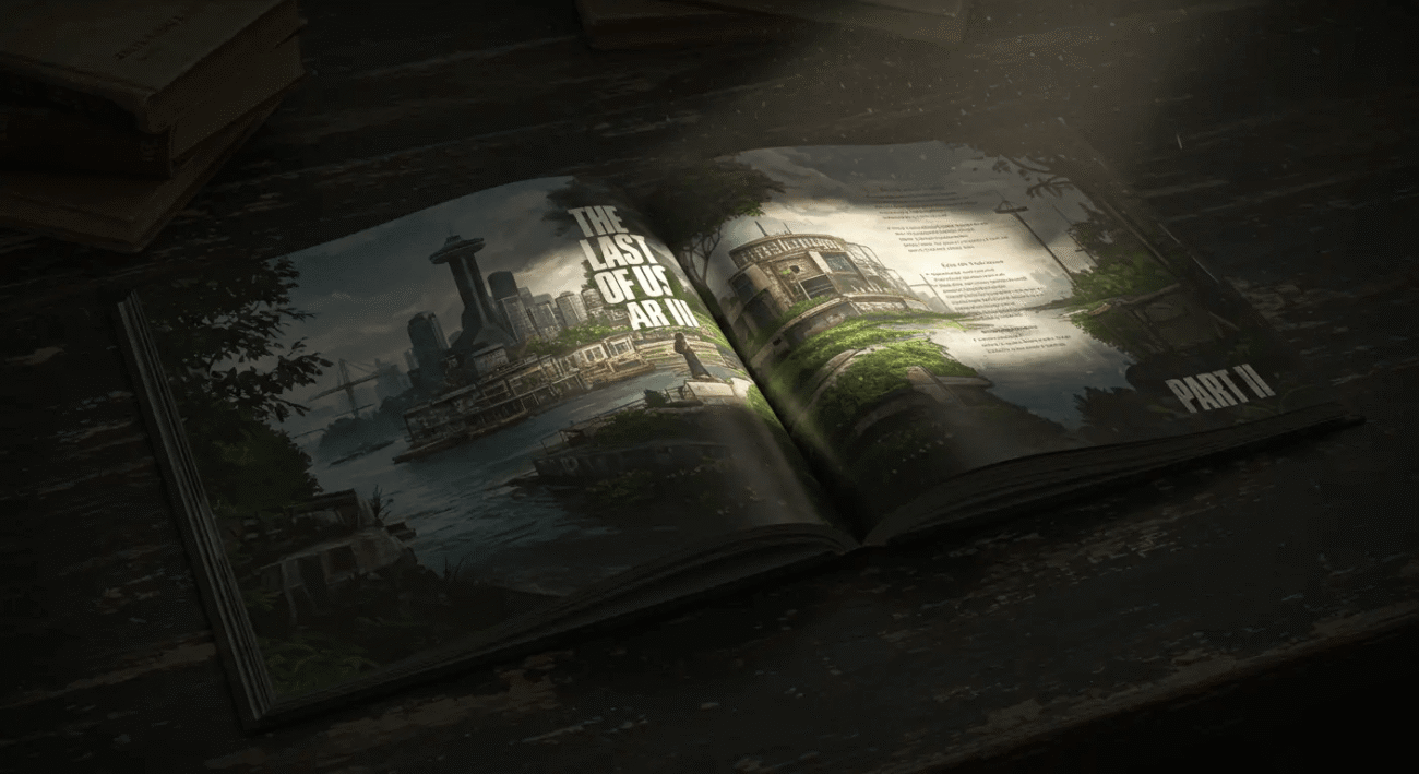 Foto do livro 'The Art of The Last of Us Part II' aberto sobre uma mesa, sendo usado como uma ferramenta de estudo de inglês para