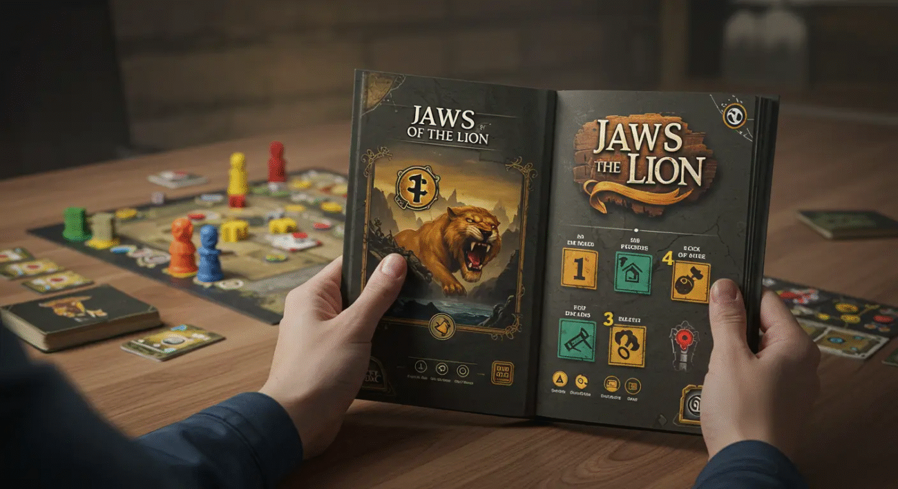 Ilustração destacando o manual de regras de Gloomhaven, mostrando sua abordagem didática e passo a passo para aprender o jogo diret