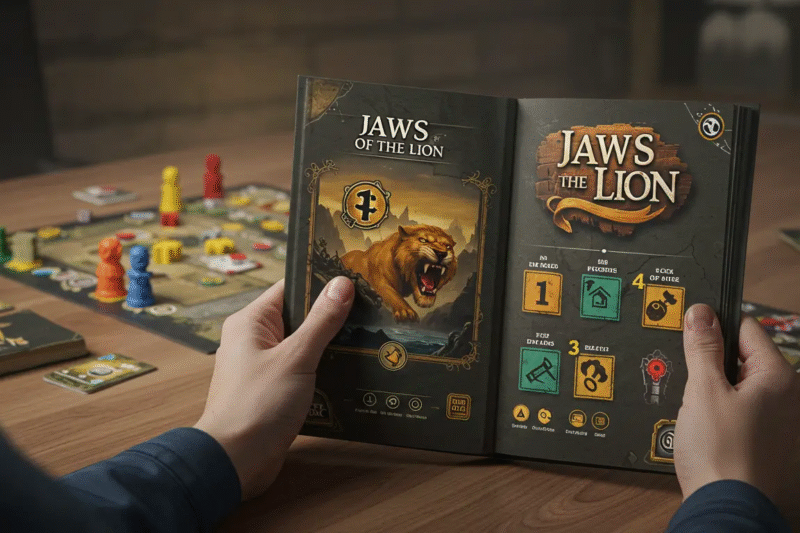 Ilustração destacando o manual de regras de Gloomhaven, mostrando sua abordagem didática e passo a passo para aprender o jogo diret