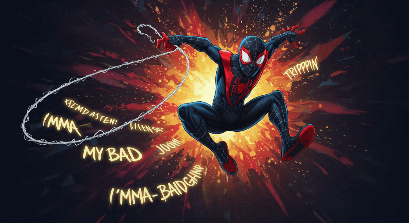 Ilustração do Homem-Aranha do Aranhaverso deixando um rastro de gírias em inglês enquanto se balança pelo multiverso.