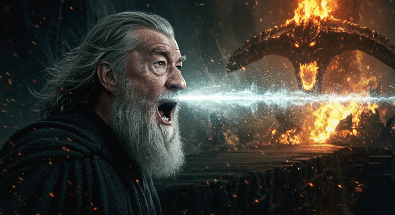 Pintura digital de Gandalf na ponte, com ondas sonoras visíveis saindo de sua boca enquanto ele grita You shall not pass!,