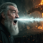Pintura digital de Gandalf na ponte, com ondas sonoras visíveis saindo de sua boca enquanto ele grita You shall not pass!,