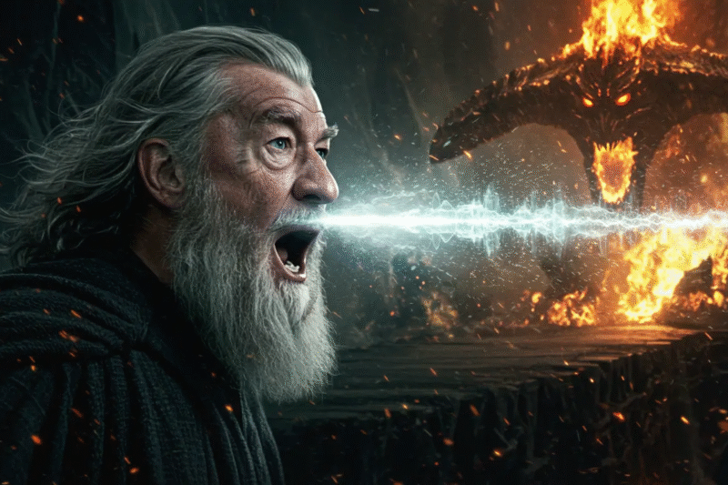 Pintura digital de Gandalf na ponte, com ondas sonoras visíveis saindo de sua boca enquanto ele grita You shall not pass!,