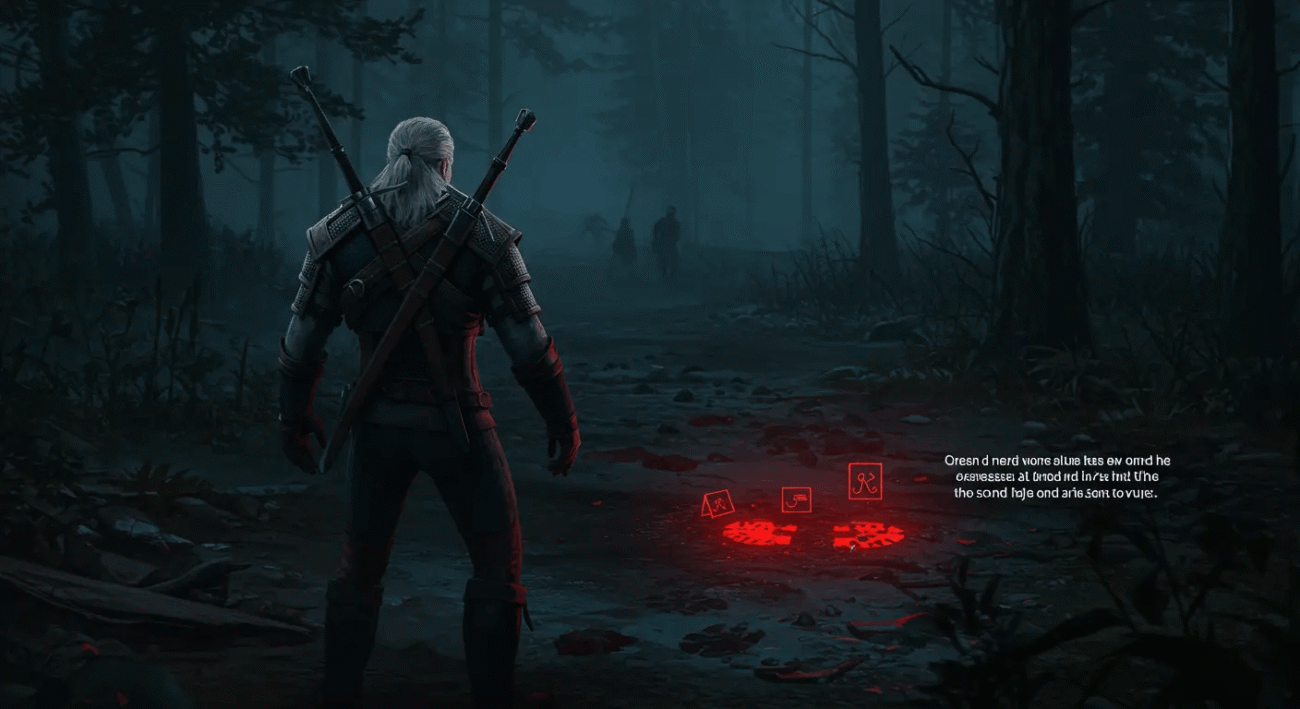 Visão em primeira pessoa dos Sentidos de Bruxo de Geralt, com pistas do cenário brilhando em vermelh