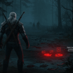 Visão em primeira pessoa dos Sentidos de Bruxo de Geralt, com pistas do cenário brilhando em vermelh