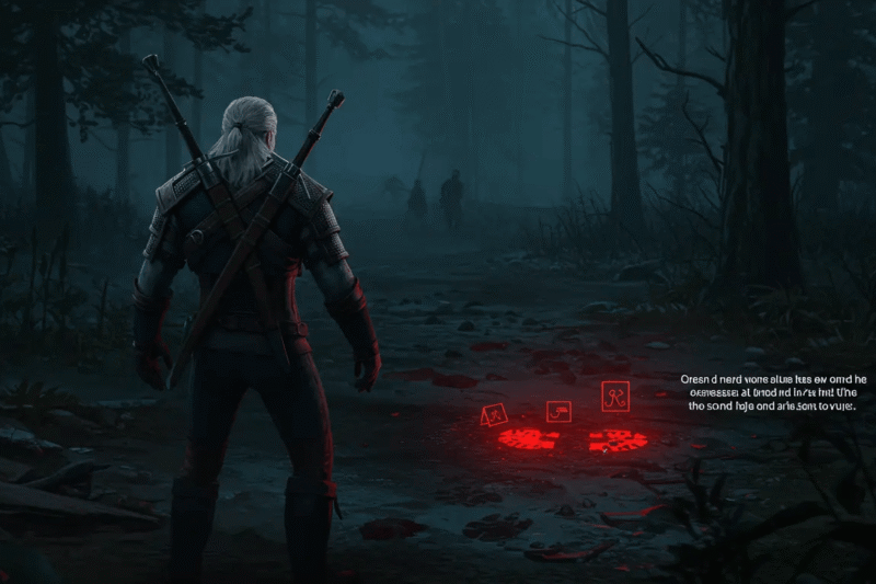 Visão em primeira pessoa dos Sentidos de Bruxo de Geralt, com pistas do cenário brilhando em vermelh