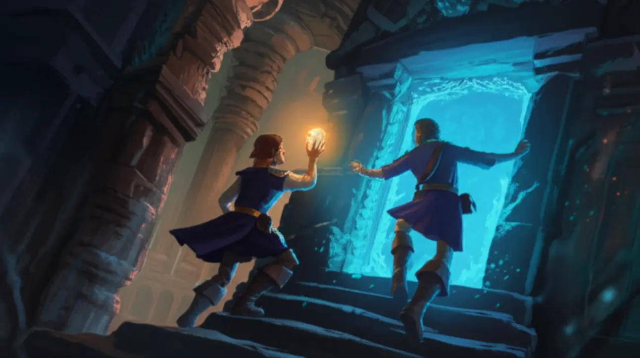 Personagem de jogo de aventura escalando uma montanha, com elementos de interface de usuário de game e ícones de ação e movimento.