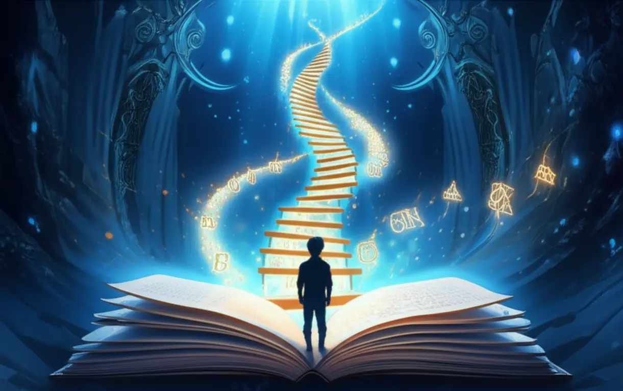 Pessoa lendo um livro de Harry Potter enquanto estuda e anota palavras em inglês, simbolizando a aceleração do aprendizado do idioma.