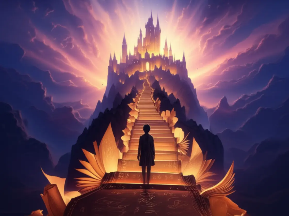 Representação gráfica de um processo de aprendizado acelerado, com livros de Harry Potter e símbolos de magia, indicando progresso e diversão.