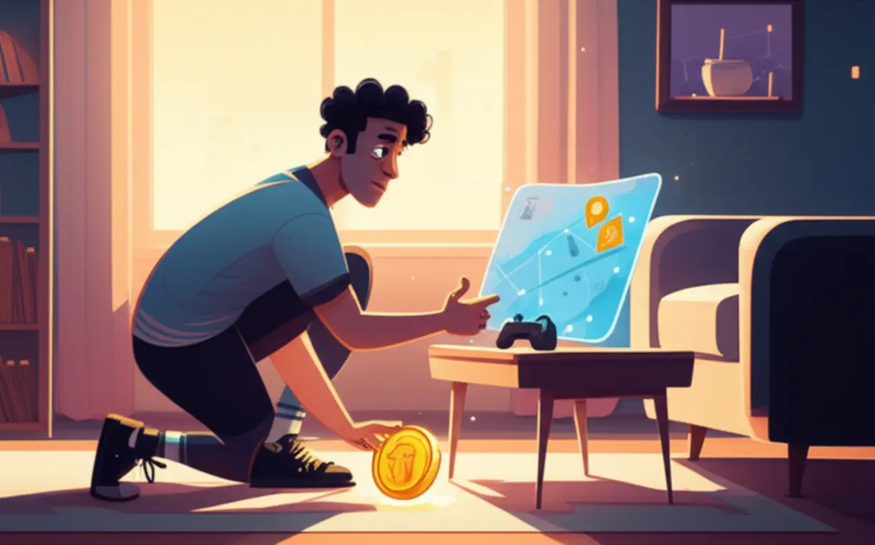 Ilustração de um personagem de jogo realizando diversas ações como pegar itens, lutar e interagir, representando os phrasal verbs de ação e interação.