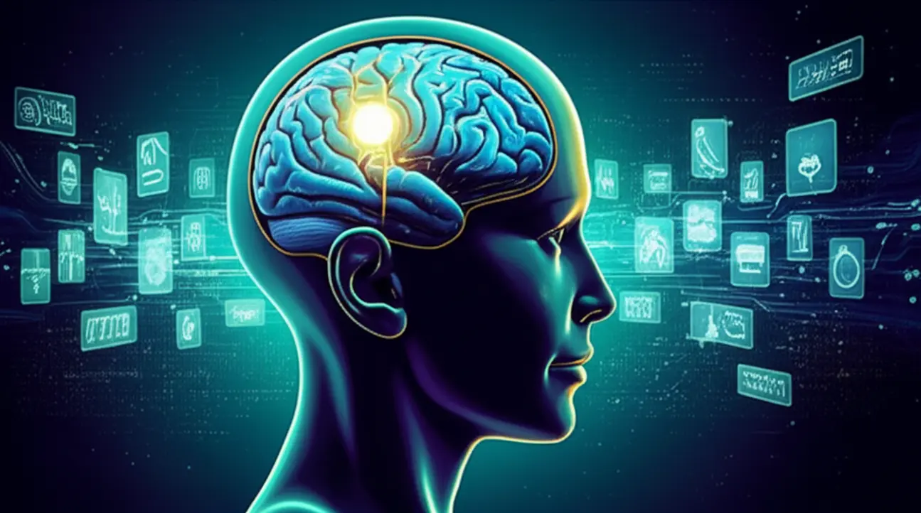 Representação visual de um cérebro conectado a uma neuralink, com flashcards do Anki flutuando, ilustrando como o Anki funciona como uma ferramenta de memorização eficiente para vocabulário, como as gírias de Night City.