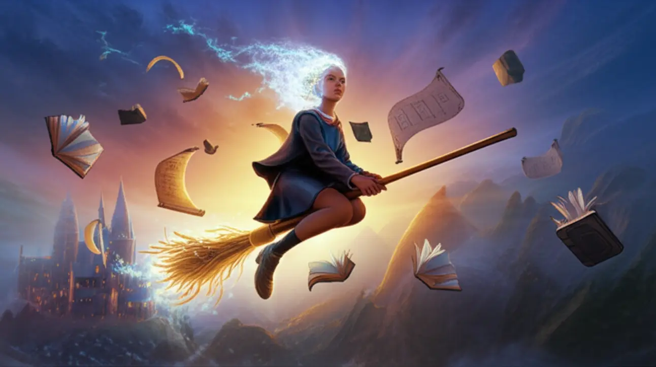 Livros de Harry Potter com a capa da Sonserina, simbolizando o aprendizado acelerado de inglês através da imersão mágica.