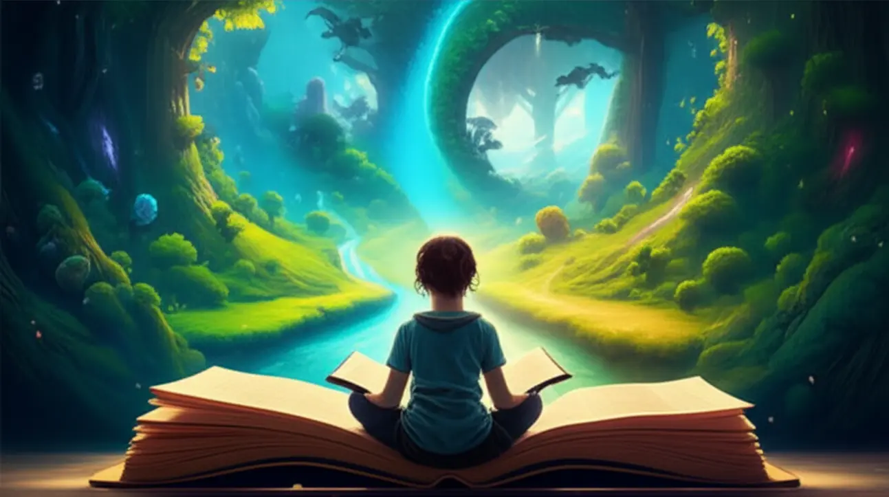 Ilustração de um aluno lendo um livro de Harry Potter, imerso no universo mágico, simbolizando o aprendizado imersivo.