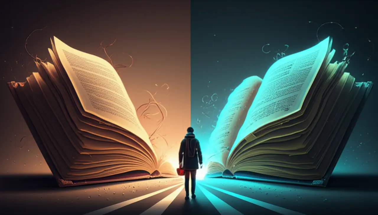 Pessoa lendo um livro clássico, simbolizando a jornada de aprendizado de inglês com literatura. Um mapa antigo e uma bússola estão por perto.