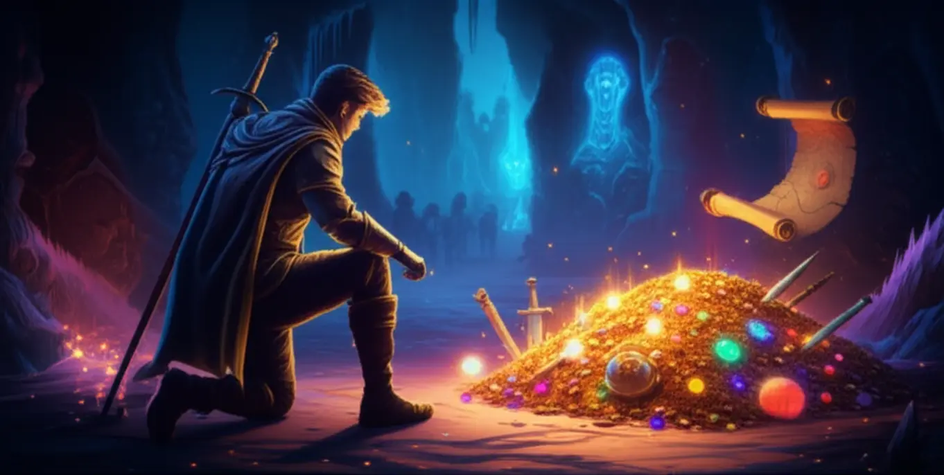 Elementos clássicos de RPG, como um baú de tesouro aberto com itens brilhantes (loot) e moedas de ouro.