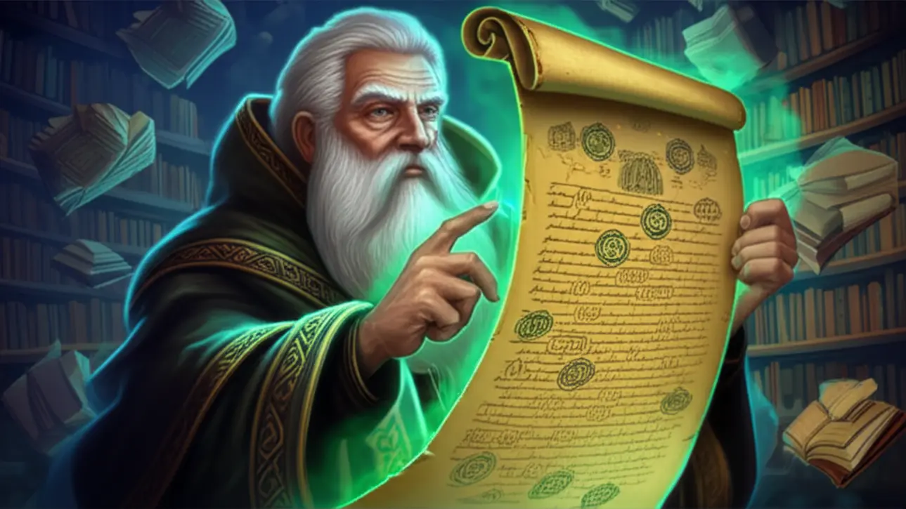 Um bruxo com duas espadas nas costas em um ambiente medieval, com elementos de idioma e runas mágicas flutuando ao redor, simbolizando a aprendizagem de idiomas.