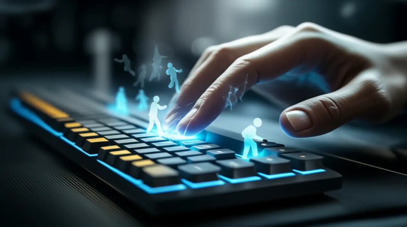 Imagem ilustrativa de teclado com teclas WASD destacadas em verde e outras teclas ao redor, com termos de jogo em inglês como 'move', 'jump', 'crouch', 'dig' flutuando sobre elas.