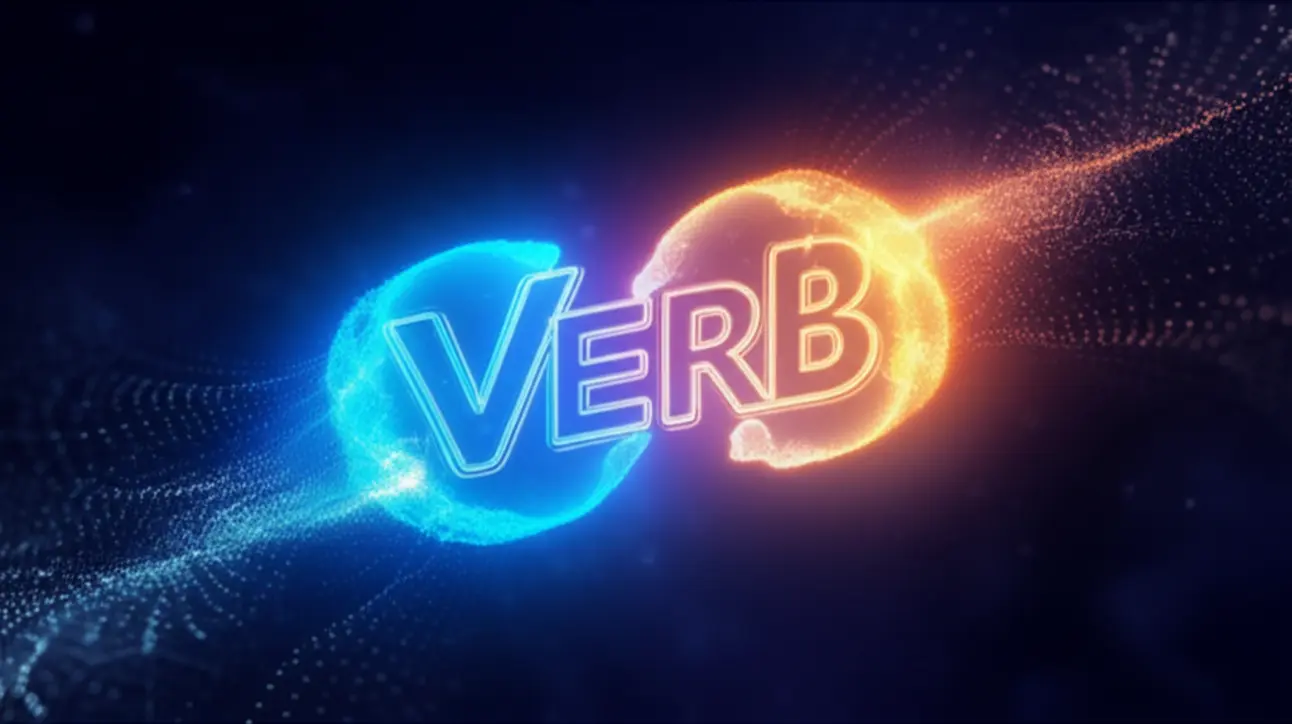 Ilustração de um verbo e uma preposição se unindo para formar um phrasal verb, com exemplos como 'look' e 'for'.