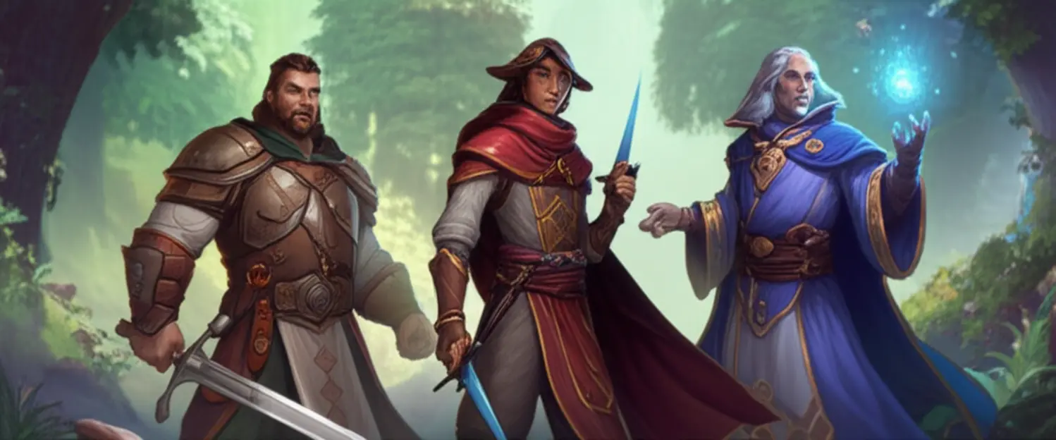 Ilustração de um grupo de aventureiros de D&D, representando as diferentes raças e classes mencionadas no artigo, como Elfo, Anão, Humano, Mago, Guerreiro e Ladino.