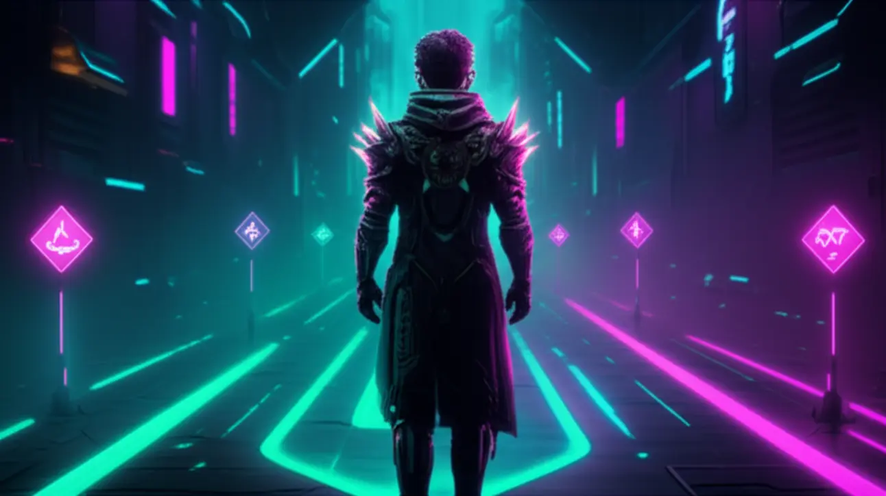 Mãos segurando um controle de videogame, com várias setas indicando escolhas de caminhos em um cenário virtual, simbolizando decisões e suas consequências em jogos.