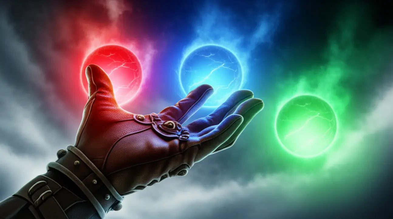 Mãos escolhendo entre três orbes brilhantes de cores diferentes, representando o ato de optar por uma das opções.