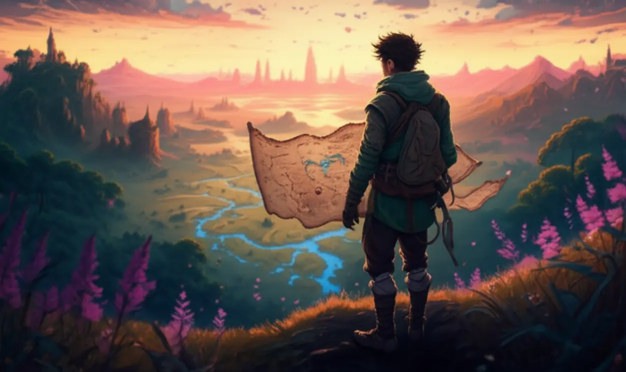 Mapa de fantasia estilizado com ícones de locais, masmorras e cidades, simbolizando exploração e descoberta em um RPG.