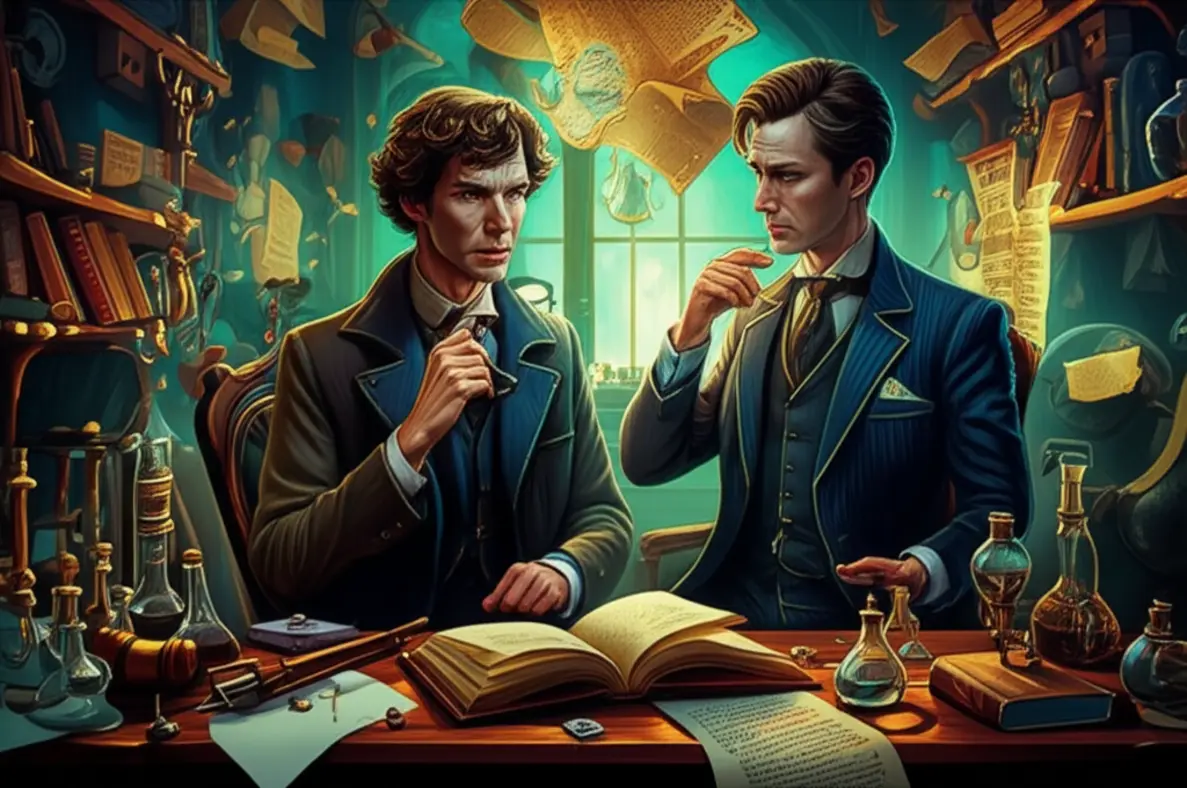 Ilustração de Sherlock Holmes e Dr. Watson em uma Londres vitoriana, com elementos de livros e vocabulário.