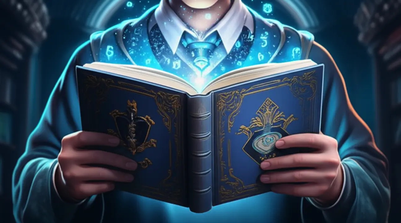 Pessoa lendo um livro da edição Corvinal de Harry Potter, simulando imersão no aprendizado de inglês