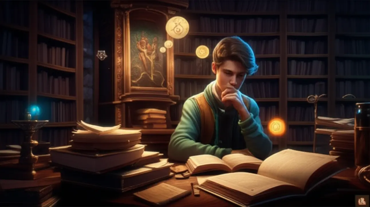 Cena de jogo de RPG com foco em diálogo e narrativa, mostrando dois personagens conversando com caixas de texto e um fundo que evoca mistério e lore.