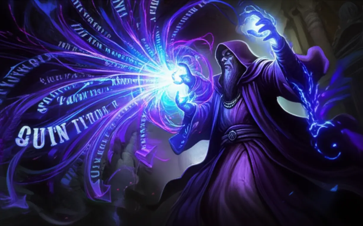 Mão conjurando uma magia com efeitos visuais, simbolizando verbos de ação e habilidades de D&D.