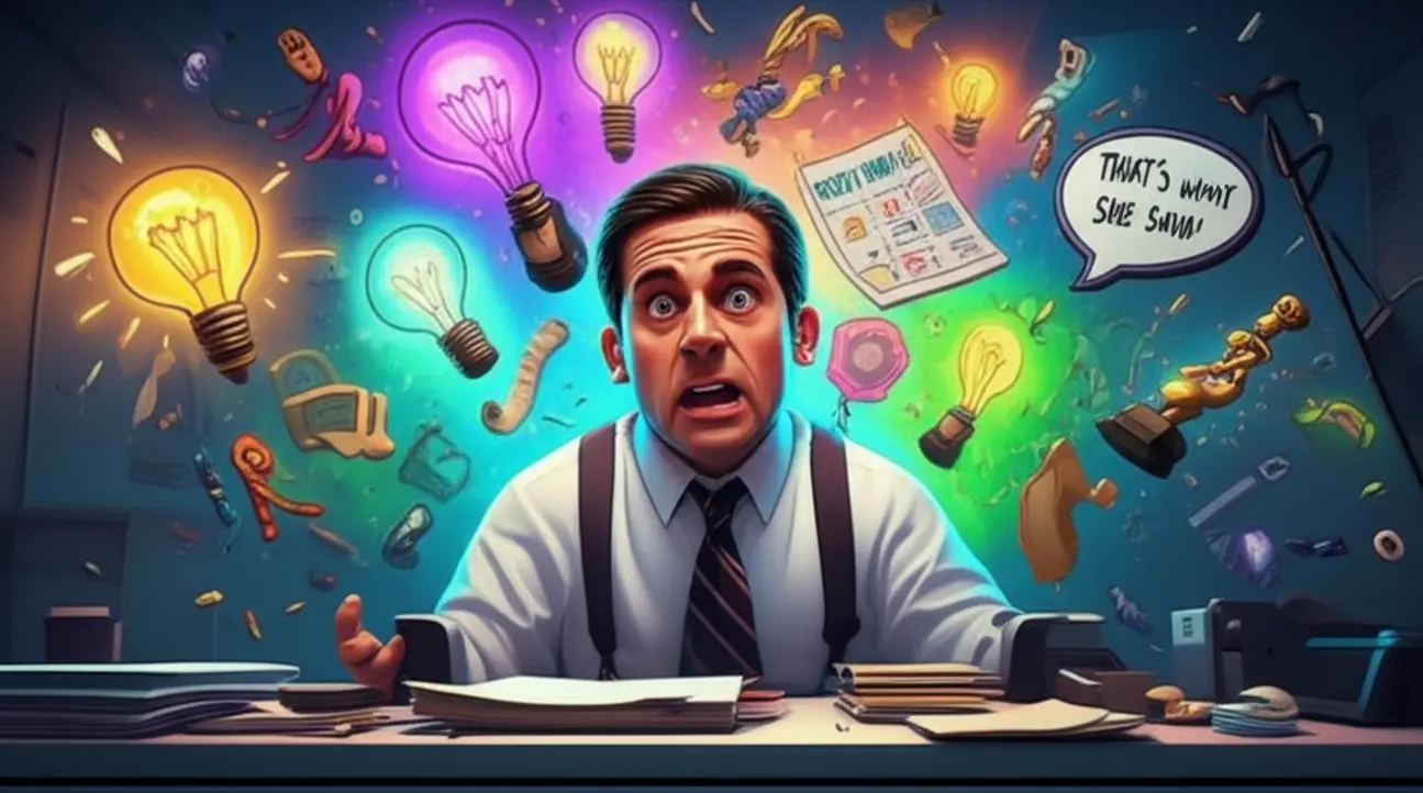 Michael Scott de The Office criando ideias no escritório Dunder Mifflin