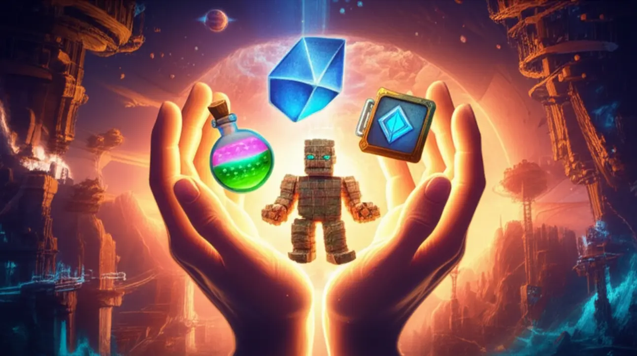 Ilustração futurista com mãos criando uma estrutura brilhante, simbolizando o poder transformador e criativo do verbo 'make' em inglês.