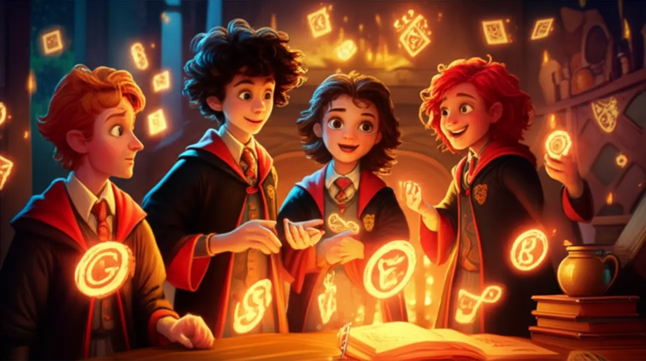 Ilustração de personagens de Harry Potter com elementos de vocabulário e magia flutuando ao redor, simbolizando a riqueza de termos na saga.