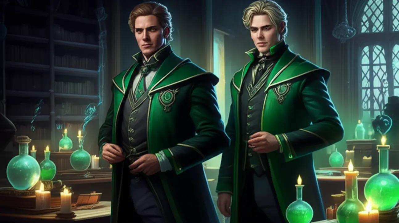 Personagens da Sonserina: Draco Malfoy e Severus Snape, ilustrando o vocabulário bruxo para aprendizado de inglês.