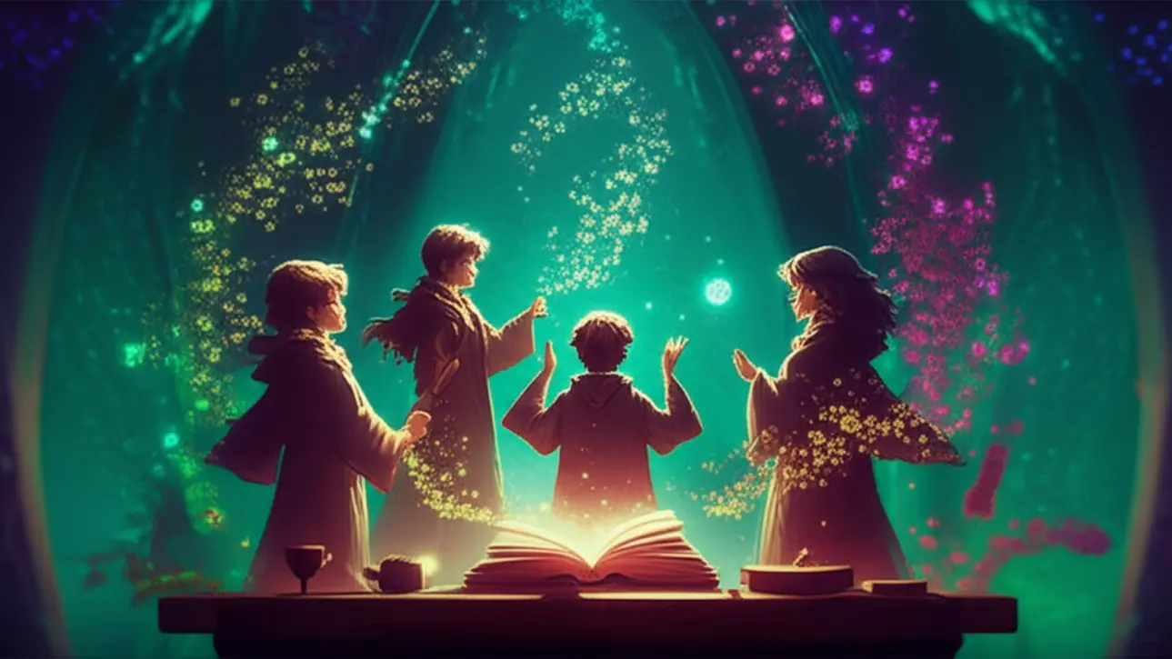 Ilustração dos personagens de Harry Potter, Harry, Rony e Hermione, com elementos de vocabulário bruxo e magia ao redor.