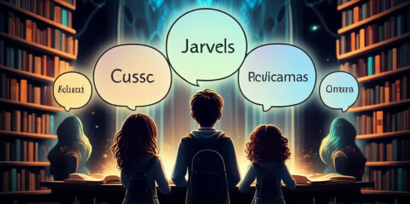 Ilustração de personagens de Harry Potter, incluindo Harry, Hermione e Ron, cercados por elementos mágicos como varinhas, livros de feitiços e poções, simbolizando a riqueza de vocabulário e a imersão na leitura.