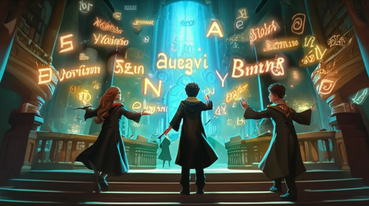 Ilustração de Harry, Hermione e Ron com livros e símbolos mágicos, representando o vocabulário temático.