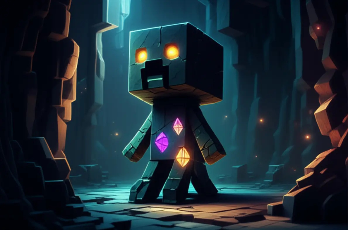 Um jogador de Minecraft olhando para blocos de minério de diamante com uma picareta simples, simbolizando o desafio de aprender phrasal verbs.